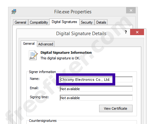 Screenshot of the Chicony Electronics Co., Ltd. certificate